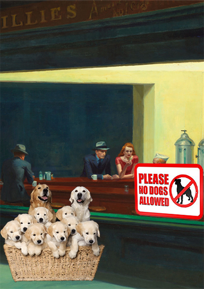 dog family outside a diner window with no dogs allowed sign